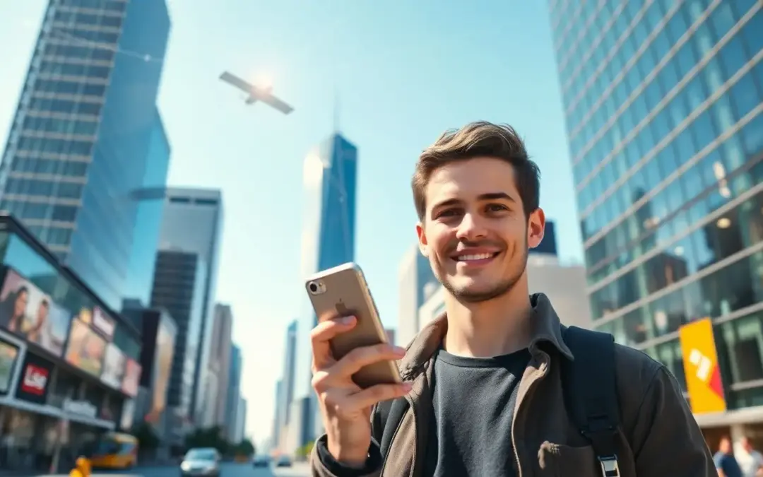 fiatal férfi kezében mobilall és helymeghatározó műholddal