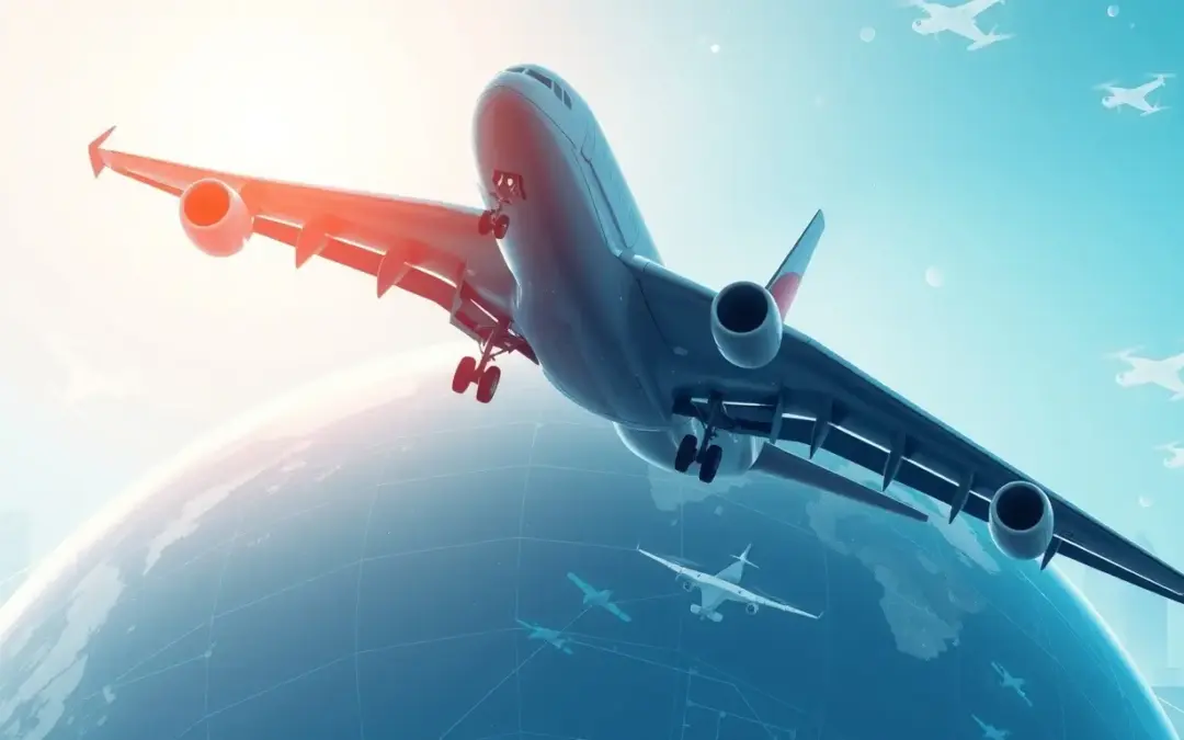 Nagy utasszállító repülőgép emelkedik a Föld fölé, világoskék égbolttal és stilizált drónsziluettekkel a háttérben, modern, futurisztikus légiközlekedési hangulatot ábrázolva.